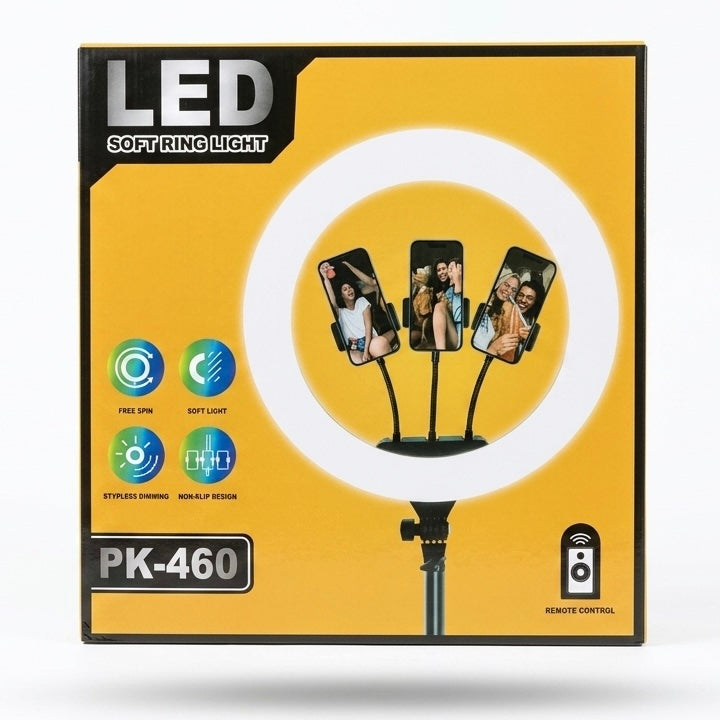 PK-460 LED Soft Ring Light With Tripod Stand, 3 Phone Holders & Remote Control (Complete Studio Setup)