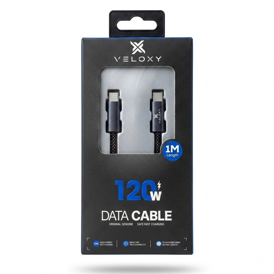 VELOXY 120W Super Fast Charging USB to Type-C Data Cable (1M Length) – Premium Nylon Braided Durable Charger Cable for Smartphones & Tablets