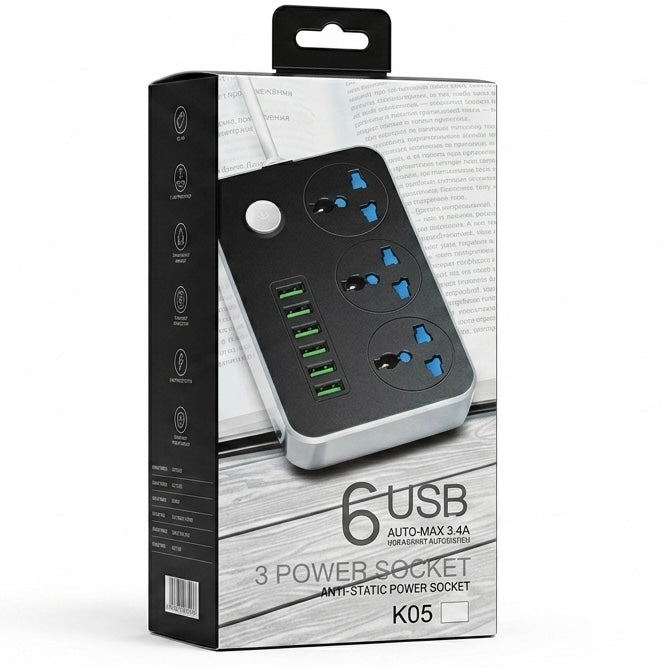 K05 Anti-Static Power Socket Extension Box – 3 Power Outlets & 6 USB Ports (3.4A Auto-Max, 200CM Cord)