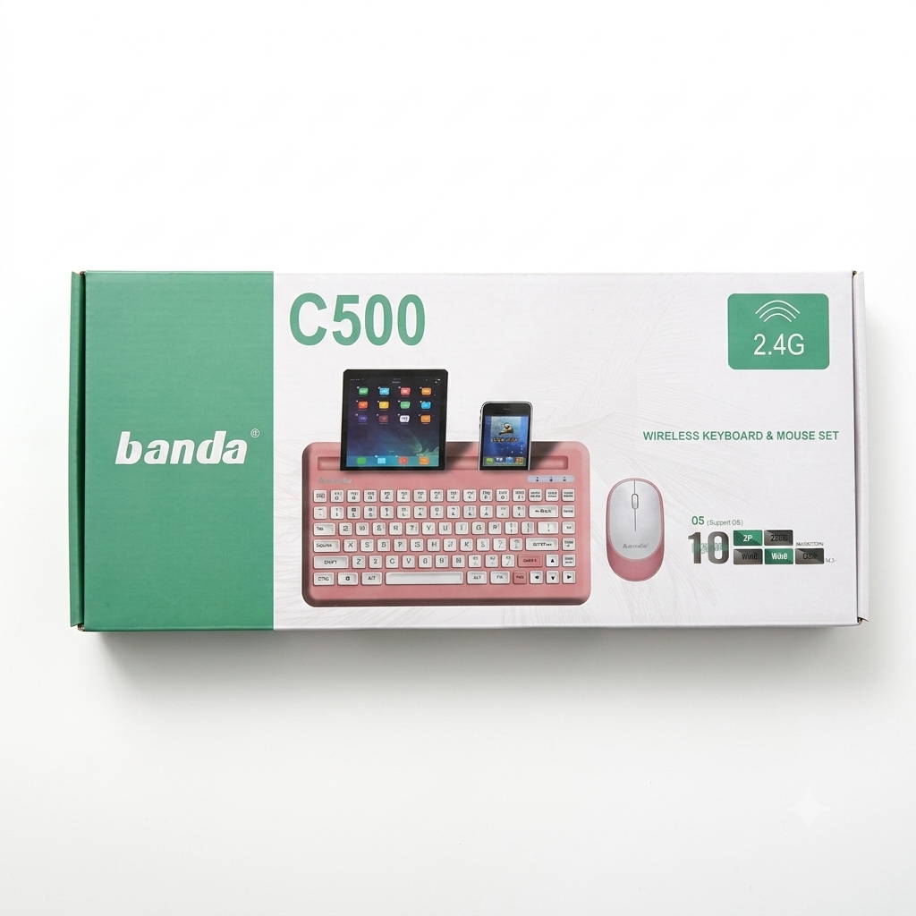 Banda C500 2.4G Wireless Keyboard & Mouse Combo – Built-in Tablet & Mobile Stand Slot