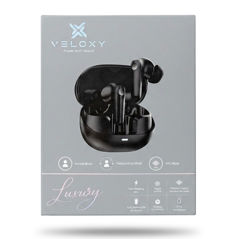 Veloxy Luxury True Wireless Earbuds – Active Noise Cancelling (ANC), Transparency Mode, Up to 60 Hours Playtime, IPX8 Water Resistant & Type-C Fast Charging