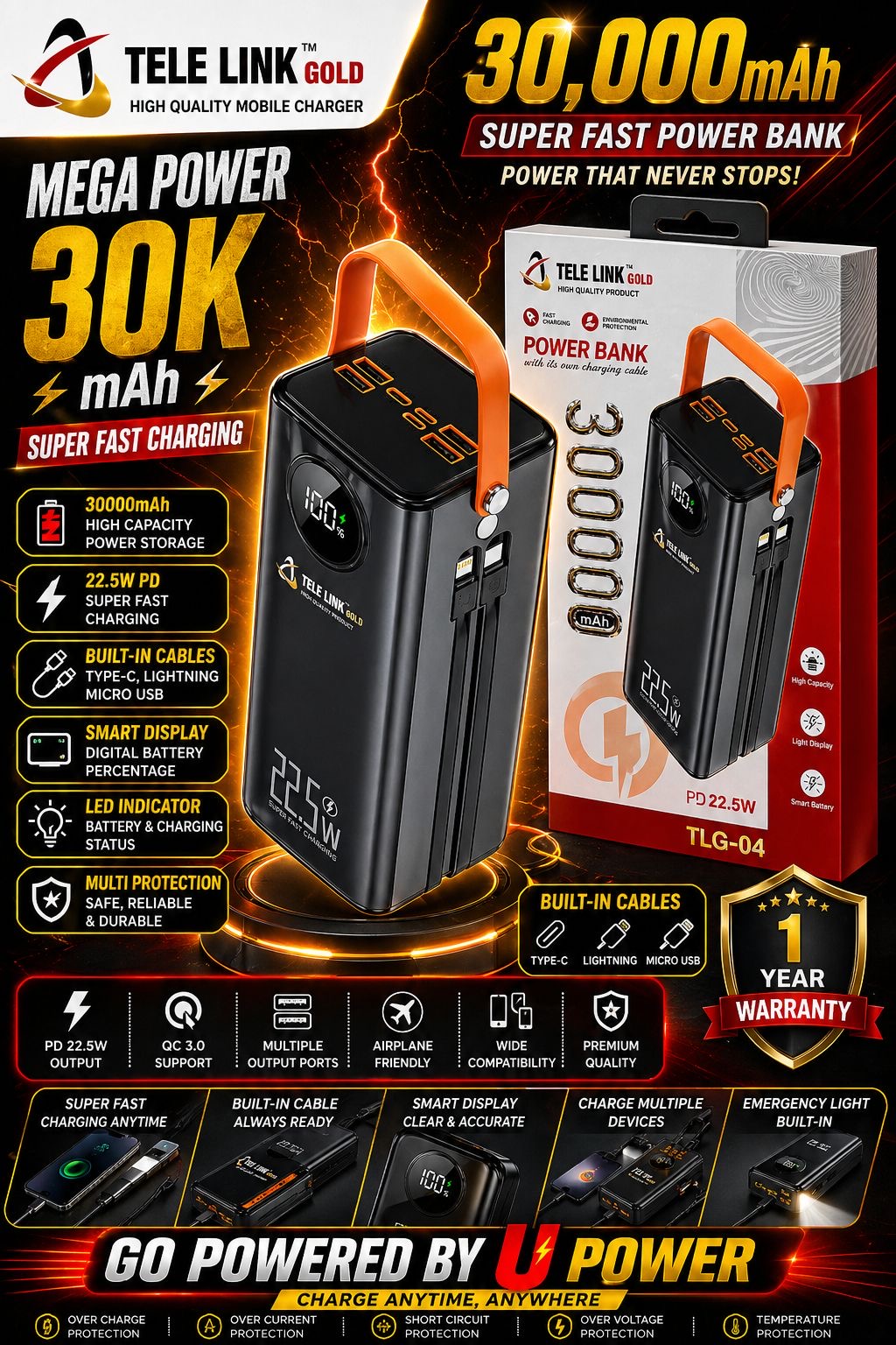 TELE LINK GOLD 30000mAh Power Bank (TLG-04) - PD 22.5W Fast Charging, Built-in Display & Torch