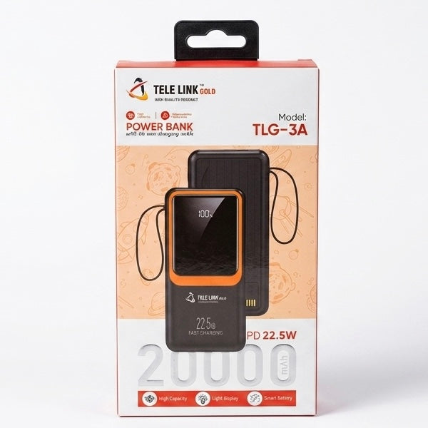 TELE LINK GOLD 20000mAh Power Bank (TLG-3A) - 22.5W Fast Charging, Digital Display, Built-in Cables