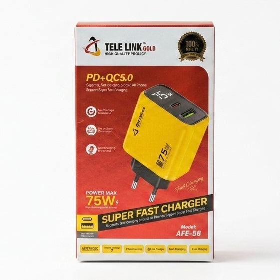 TELE LINK GOLD 75W Super Fast Charger (AFE-56) - PD+QC 5.0, GaN Technology, LED Display