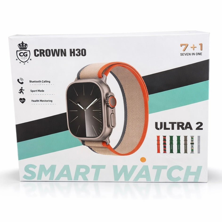 Crown H30 Ultra 2 Smart Watch – 7-in-1 Straps, Bluetooth Calling, 2.01” Big Display,