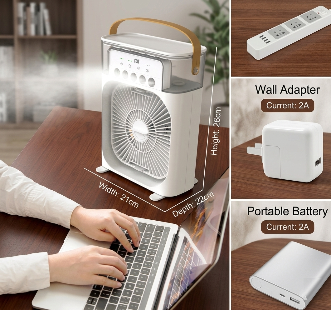 Portable Baby Air Cooler & Humidifier Fan – Desktop Water Misting Fan with LED Night Light