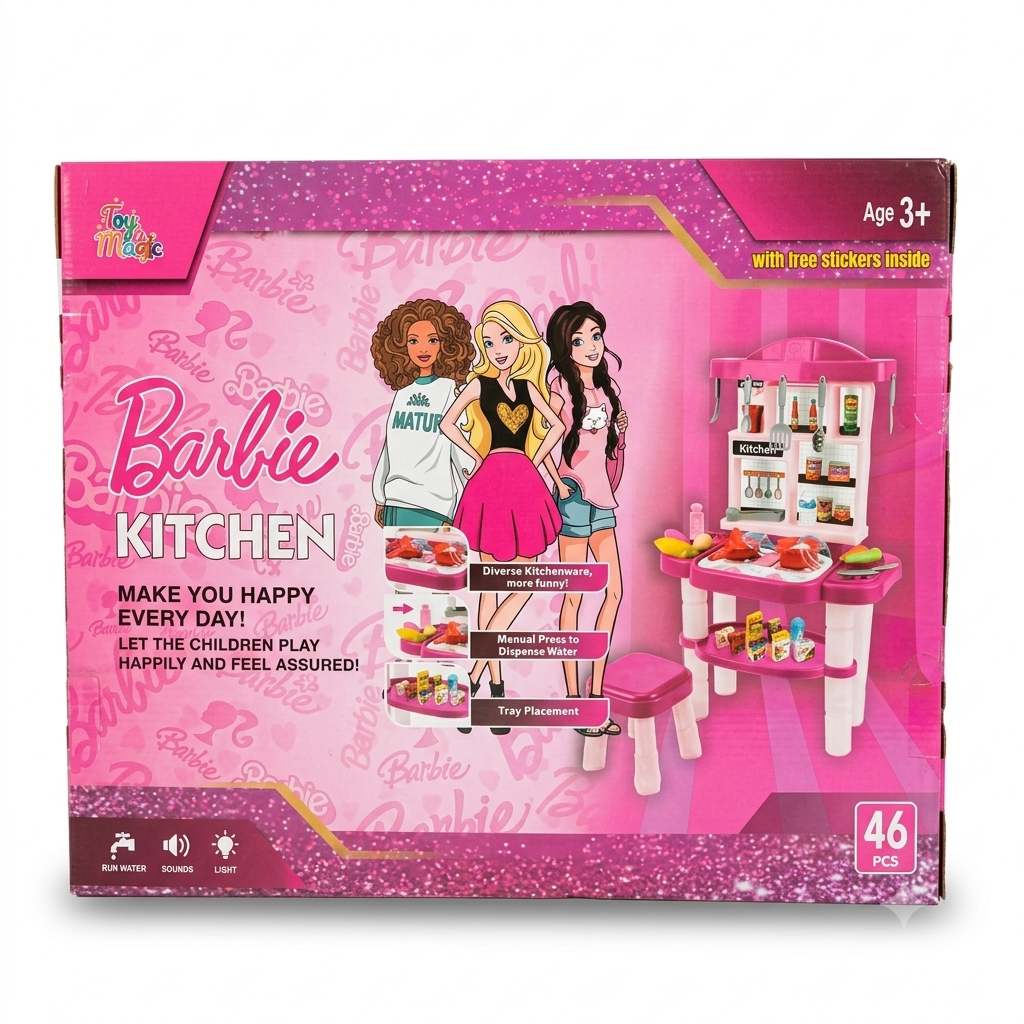 Barbie Pretend Play Kitchen Set with Real Water Dispenser, Light & Sound Effects (46 Pcs)