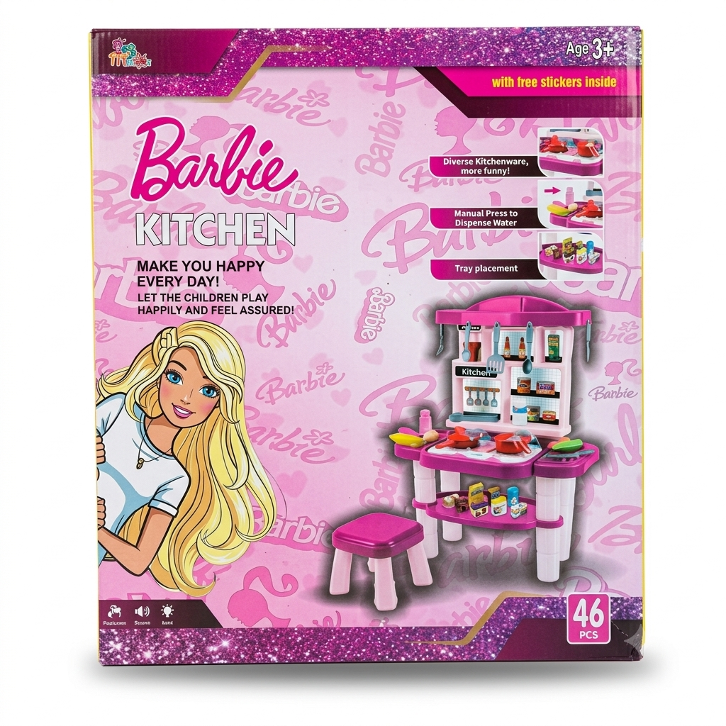 Barbie Pretend Play Kitchen Set with Real Water Dispenser, Light & Sound Effects (46 Pcs)