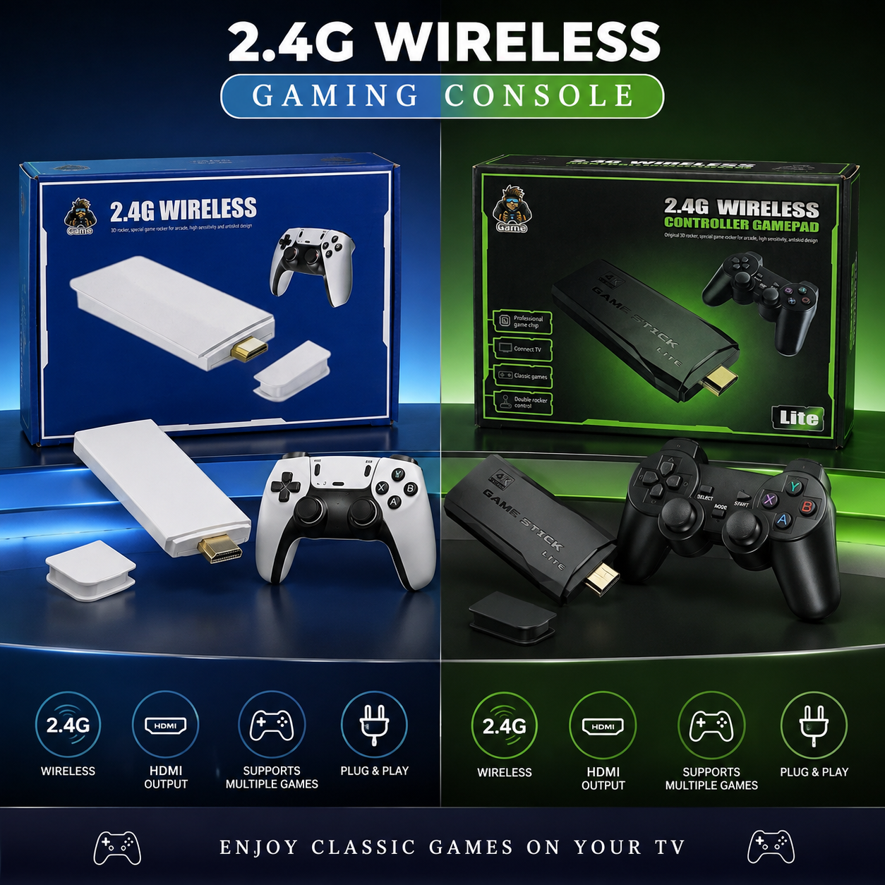 2.4G Wireless Game Stick Console - 4K Ultra HD TV Retro Gaming Stick with 2 Controllers⁠