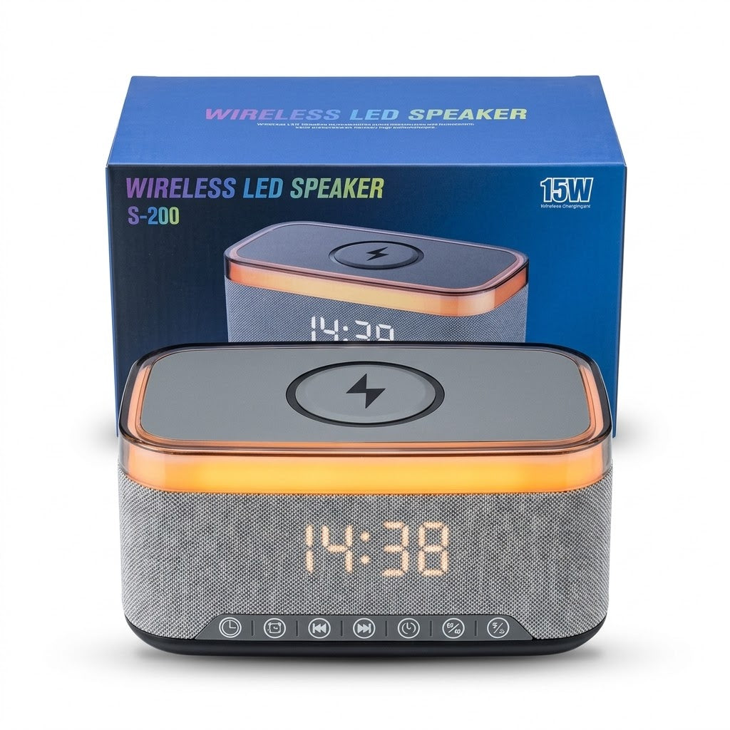 Wireless LED Speaker with 15W Fast Wireless Charger & Digital Alarm Clock