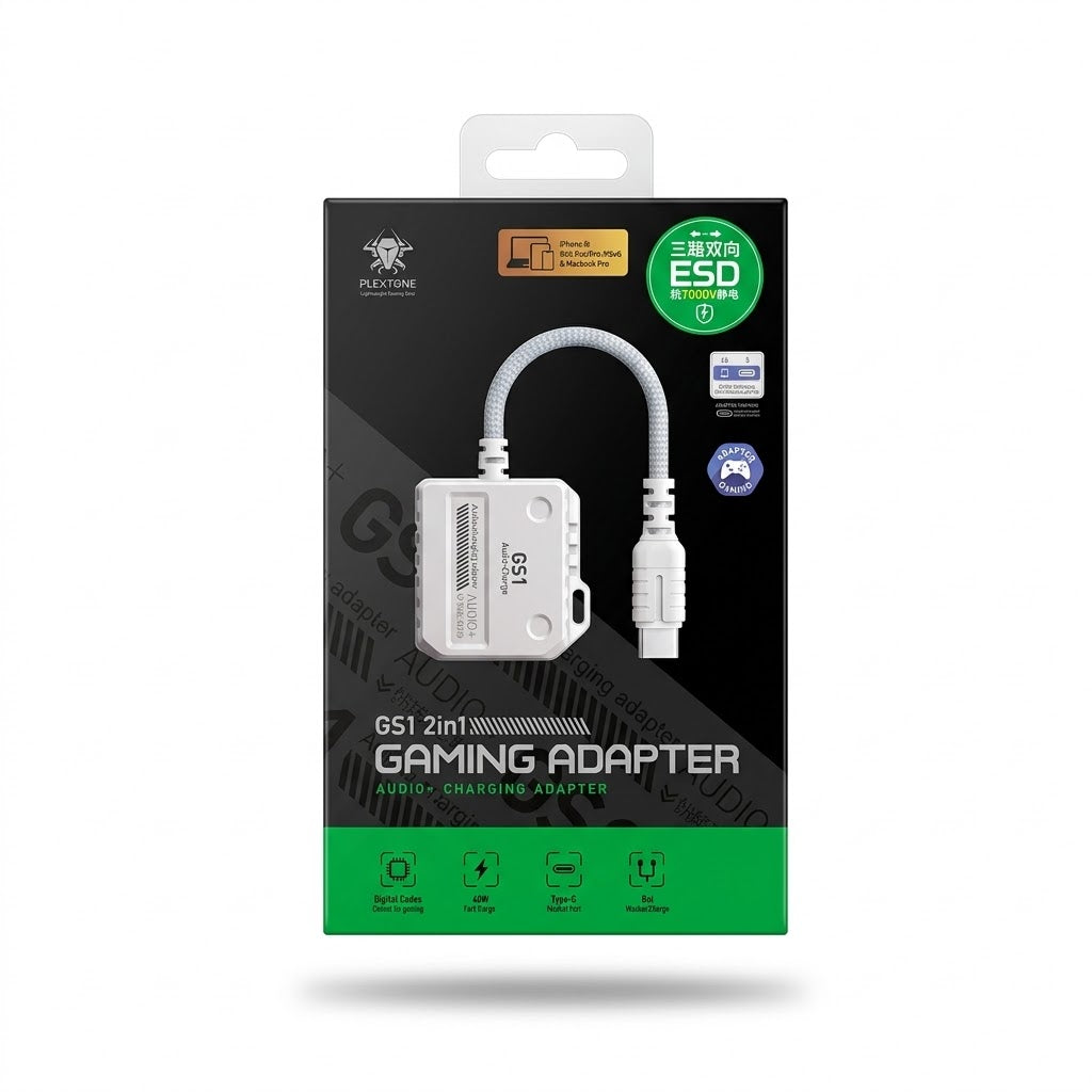 Plextone GS1 2-in-1 Gaming Audio & 30W/60W Fast Charging Adapter for iPhone & Type-C Mobile