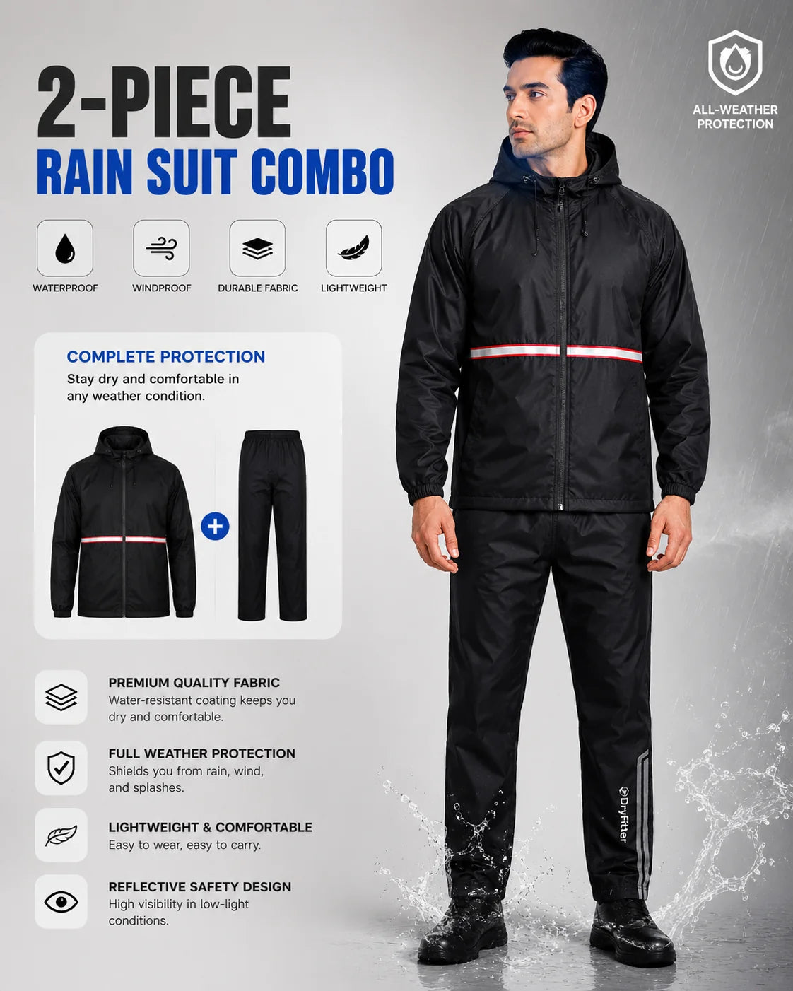 Rain Suit Waterproof Hooded Jacket + Rain Pants