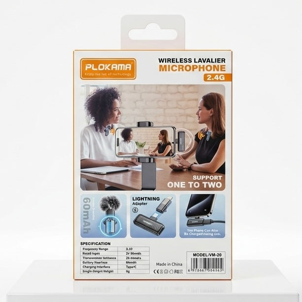 Plokama VM-20 Wireless Lavalier Microphone - 2.4G Dual Mic System for Vlogging,