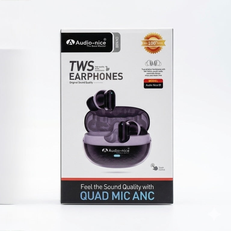 Audio-Nice 01 TWS Wireless Earphones | Quad Mic ANC | Touch Control | Premium Sound Quality